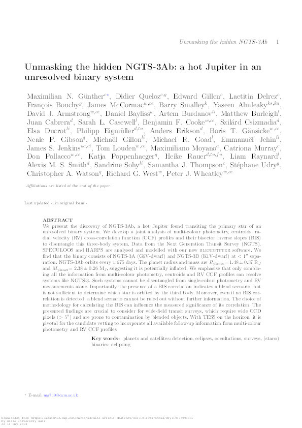 Unmasking the hidden NGTS-3Ab: a hot Jupiter in an unresolved binary system Thumbnail