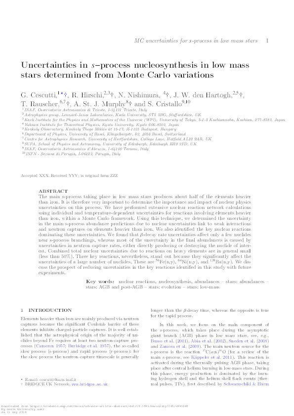 Uncertainties in s -process nucleosynthesis in low mass stars determined from Monte Carlo variations Thumbnail