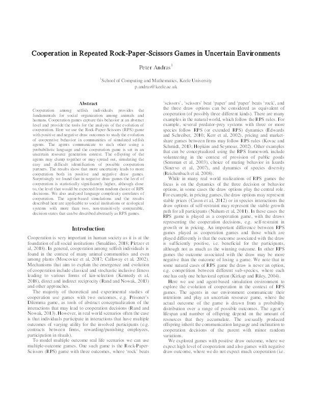 Cooperation in Repeated Rock-Paper-Scissors Games in Uncertain Environments Thumbnail