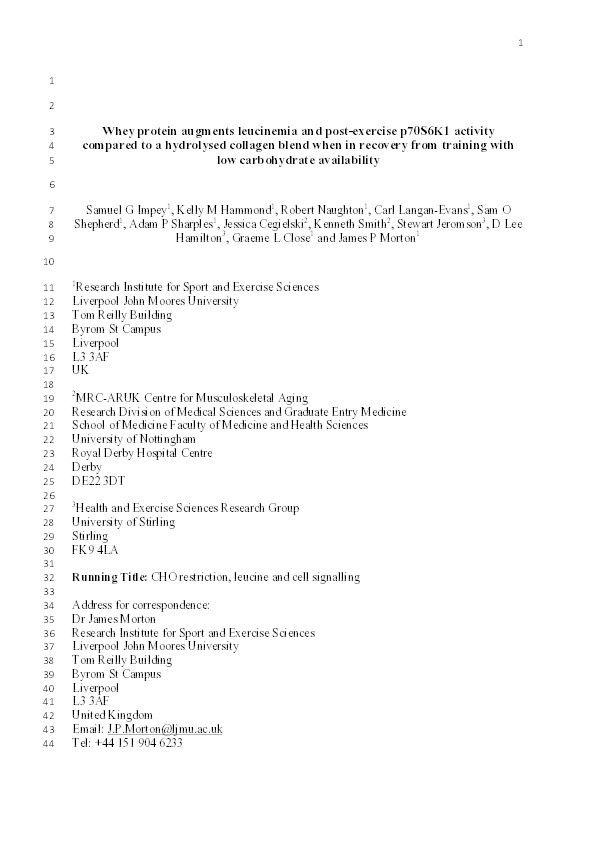 Whey Protein Augments Leucinemia and Post-Exercise p70S6K1 Activity Compared to a Hydrolysed Collagen Blend When in Recovery From Training With Low Carbohydrate Availability Thumbnail