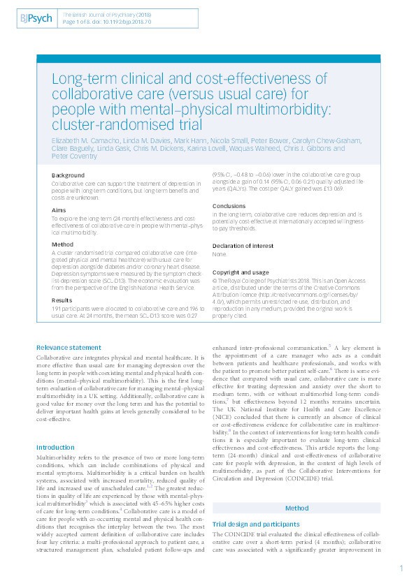 Long-term clinical and cost-effectiveness of collaborative care (versus usual care) for people with mental–physical multimorbidity: cluster-randomised trial Thumbnail