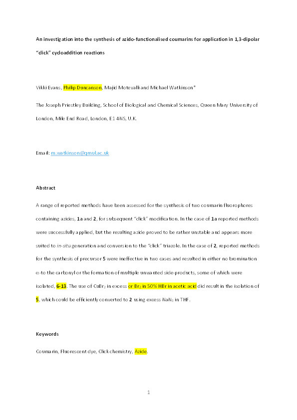An investigation into the synthesis of azido-functionalised coumarins for application in 1,3-dipolar "click" cycloaddition reactions Thumbnail