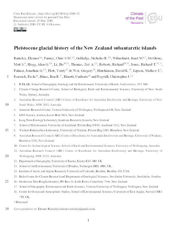Pleistocene glacial history of the New Zealand subantarctic islands Thumbnail