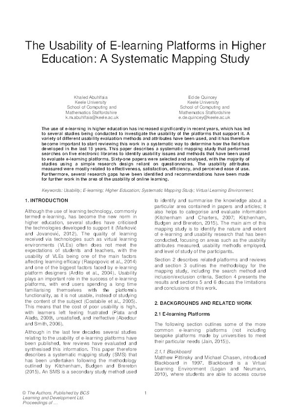 The Usability of E-learning Platforms in Higher Education: A Systematic Mapping Study Thumbnail