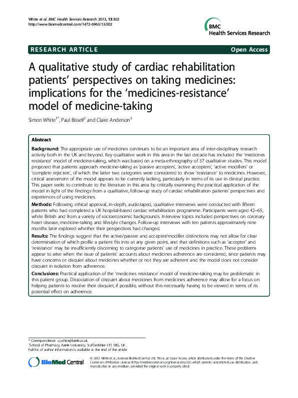 A qualitative study of cardiac rehabilitation patients' perspectives on taking medicines: implications for the 'medicines-resistance' model of medicine-taking Thumbnail