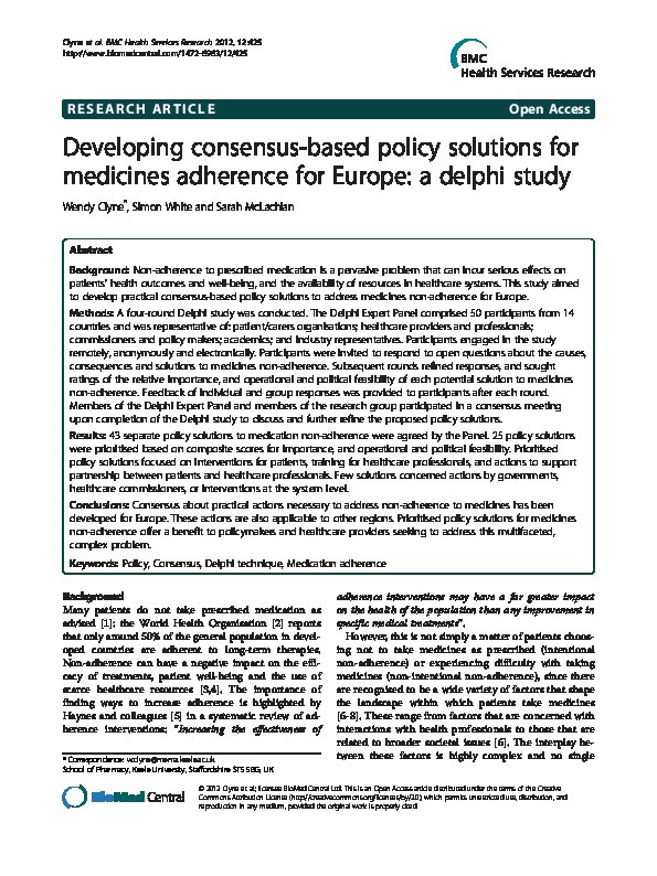 Developing consensus-based policy solutions for medicines adherence for Europe: a Delphi study Thumbnail