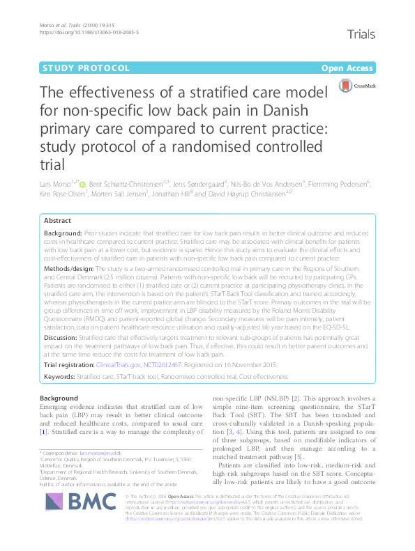 The effectiveness of a stratified care model for non-specific low back pain in Danish primary care compared to current practice: study protocol of a randomised controlled trial Thumbnail