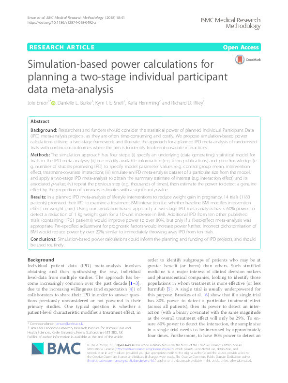 Simulation-based power calculations for planning a two-stage individual participant data meta-analysis Thumbnail