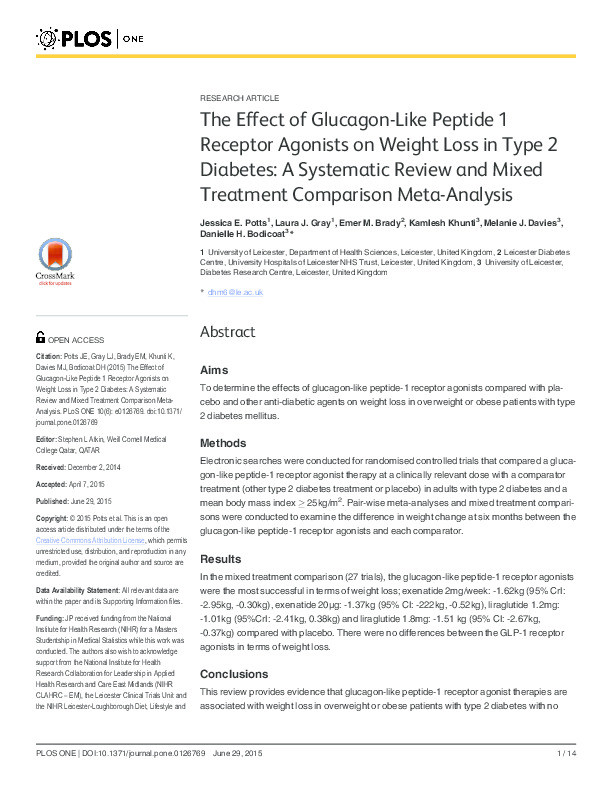 The Effect of Glucagon-Like Peptide 1 Receptor Agonists on Weight Loss in Type 2 Diabetes: A Systematic Review and Mixed Treatment Comparison Meta-Analysis Thumbnail