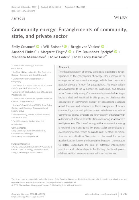 Community energy: entanglements of community, state, and private sector Thumbnail