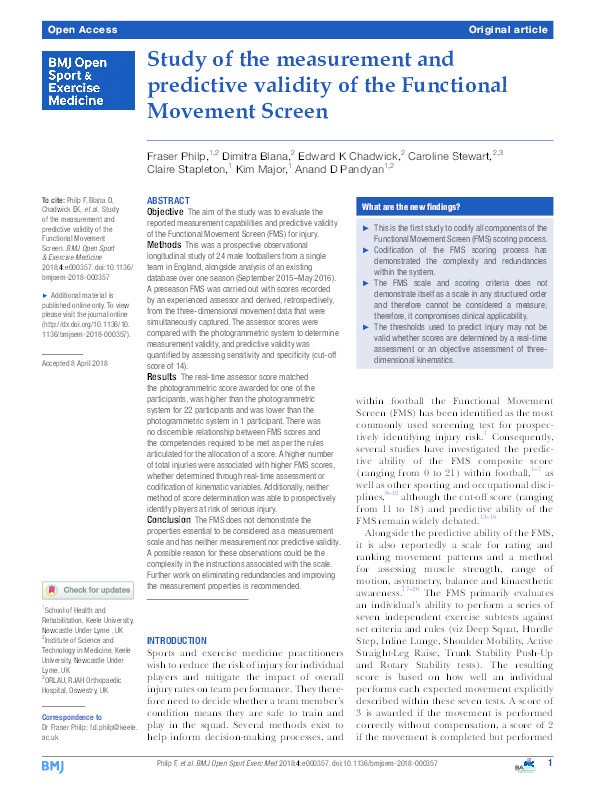 Study of the measurement and predictive validity of the Functional Movement Screen Thumbnail