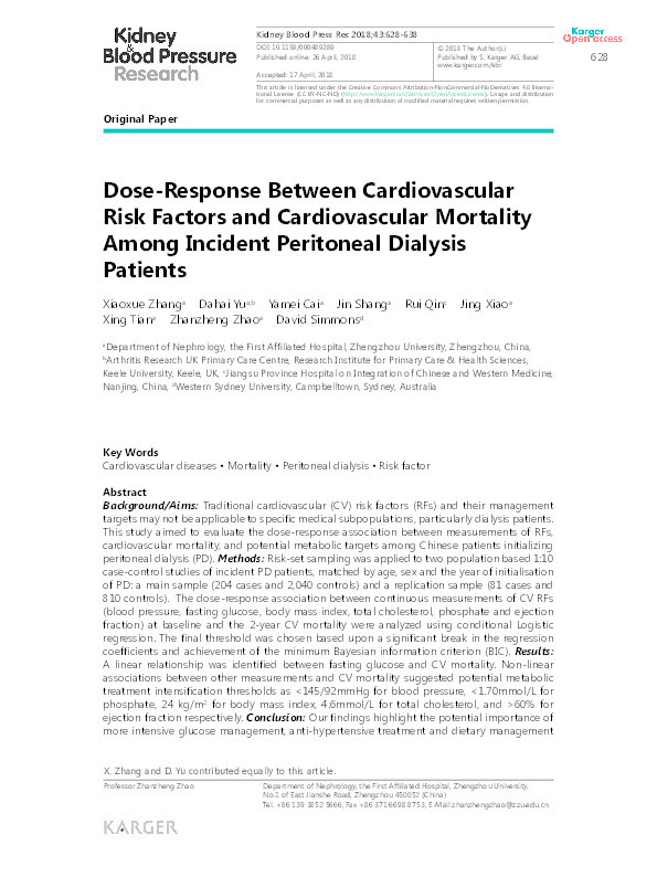 Dose-Response Between Cardiovascular Risk Factors and Cardiovascular Mortality Among Incident Peritoneal Dialysis Patients. Thumbnail