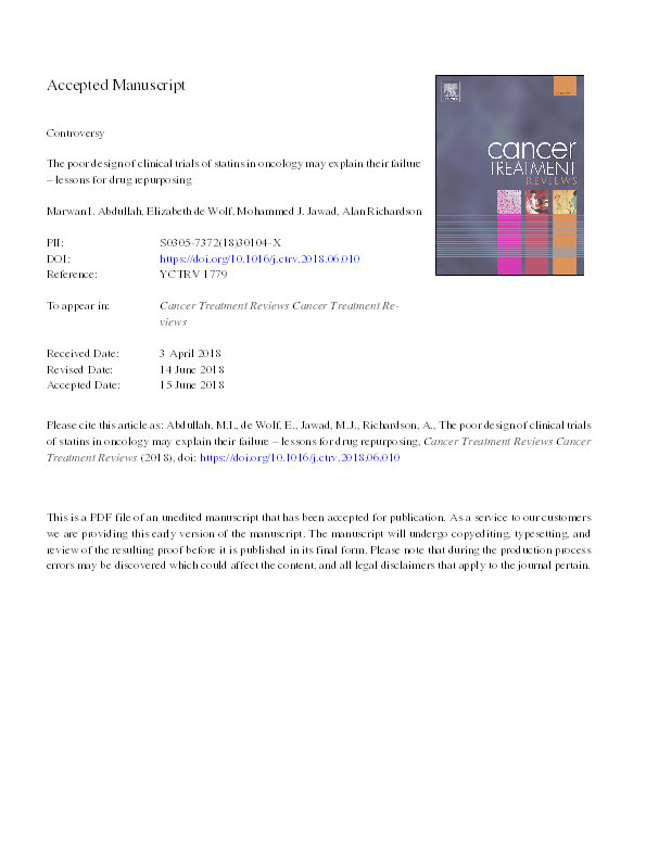The poor design of clinical trials of statins in oncology may explain their failure – lessons for drug repurposing Thumbnail
