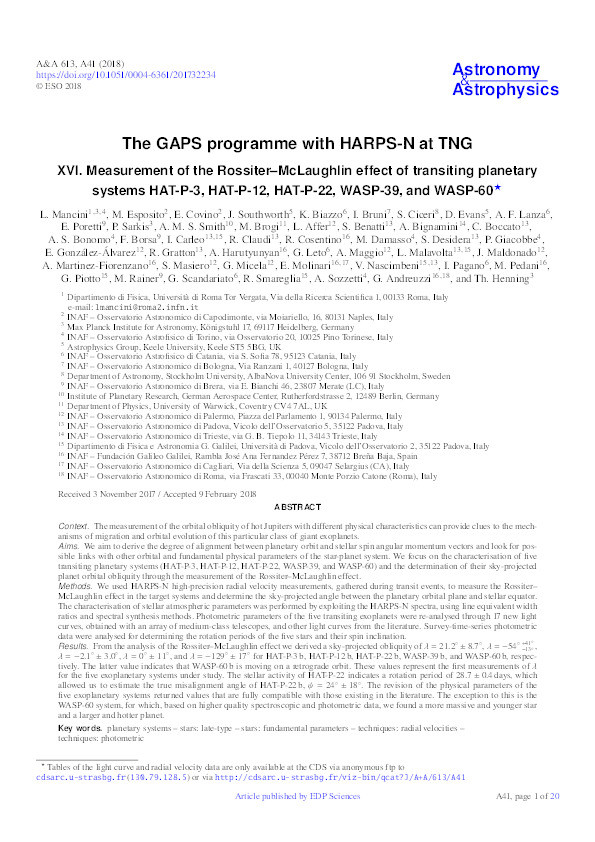 The GAPS programme with HARPS-N at TNG XVI. Measurement of the Rossiter-McLaughlin effect of transiting planetary systems HAT-P-3, HAT-P-12, HAT-P-22, WASP-39, and WASP-60 Thumbnail