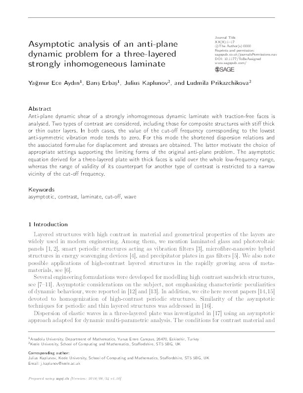 Asymptotic analysis of an anti-plane dynamic problem for a three-layered strongly inhomogeneous laminate Thumbnail