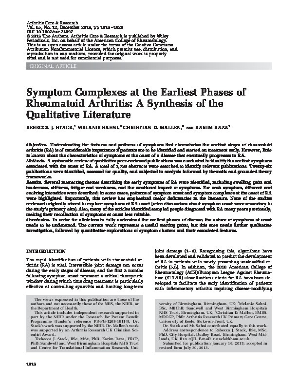 Symptom complexes at the earliest phases of rheumatoid arthritis: a synthesis of the qualitative literature. Thumbnail
