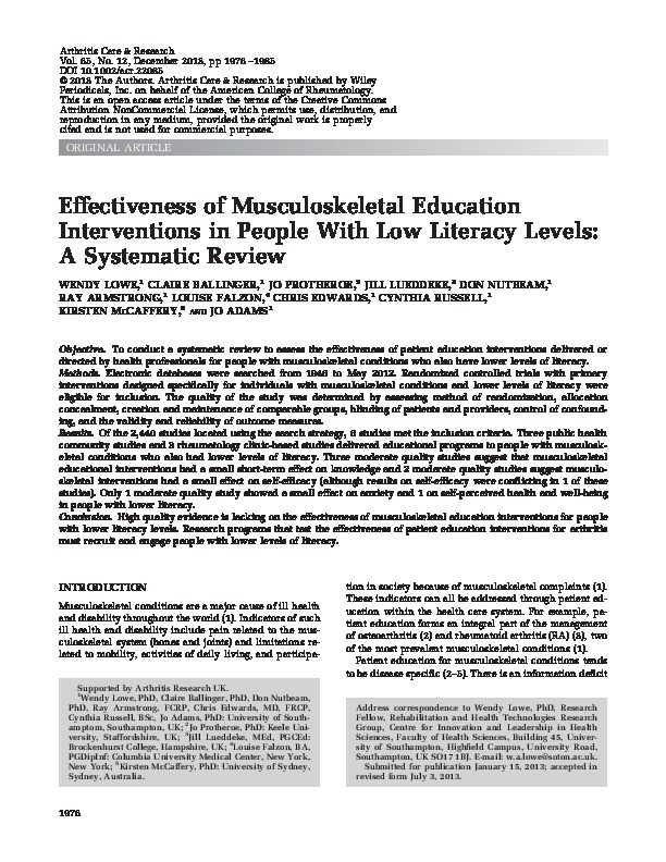 Effectiveness of musculoskeletal education interventions in people with low literacy levels: a systematic review. Thumbnail