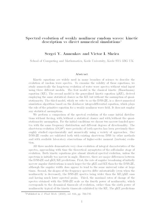 Spectral evolution of weakly nonlinear random waves: kinetic description versus direct numerical simulations Thumbnail