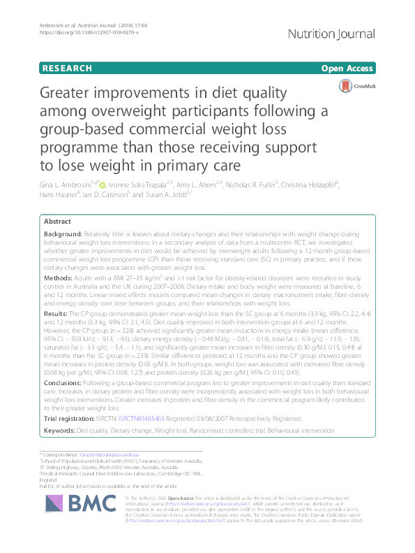 Greater improvements in diet quality among overweight participants following a group-based commercial weight loss programme than those receiving support to lose weight in primary care Thumbnail