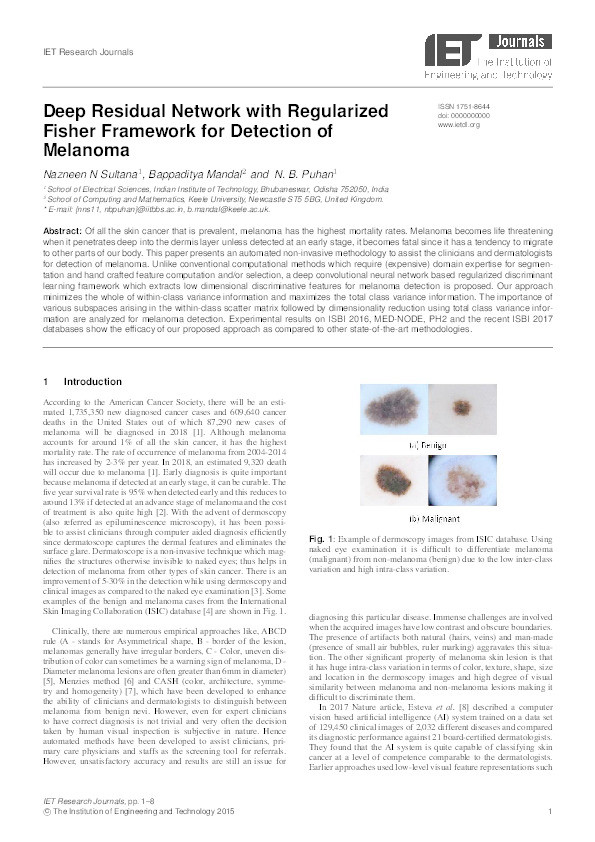 Deep Residual Network with Regularized Fisher Framework for Detection of Melanoma Thumbnail