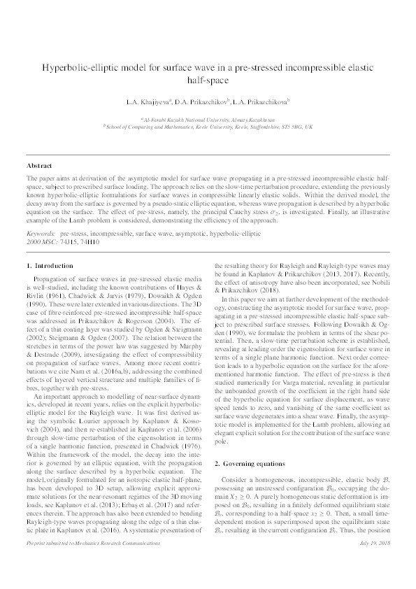 Hyperbolic-elliptic model for surface wave in a pre-stressed incompressible elastic half-space Thumbnail