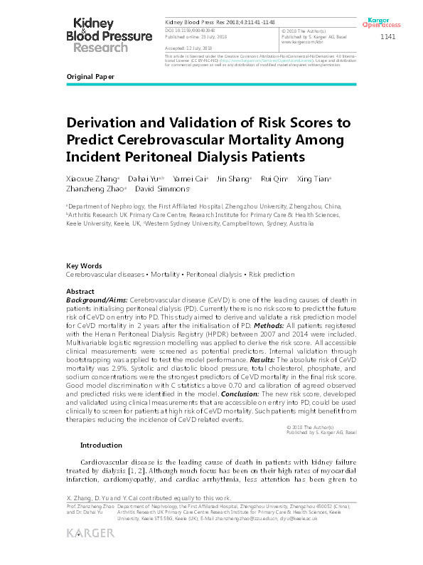 Derivation and Validation of Risk Scores to Predict Cerebrovascular Mortality Among Incident Peritoneal Dialysis Patients Thumbnail