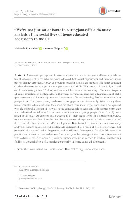 “We’re not just sat at home in our pyjamas!”: a thematic analysis of the social lives of home educated adolescents in the UK Thumbnail
