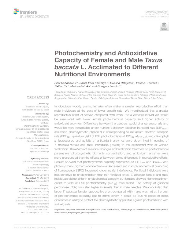 Photochemistry and Antioxidative Capacity of Female and Male Taxus baccata L. Acclimated to Different Nutritional Environments. Thumbnail