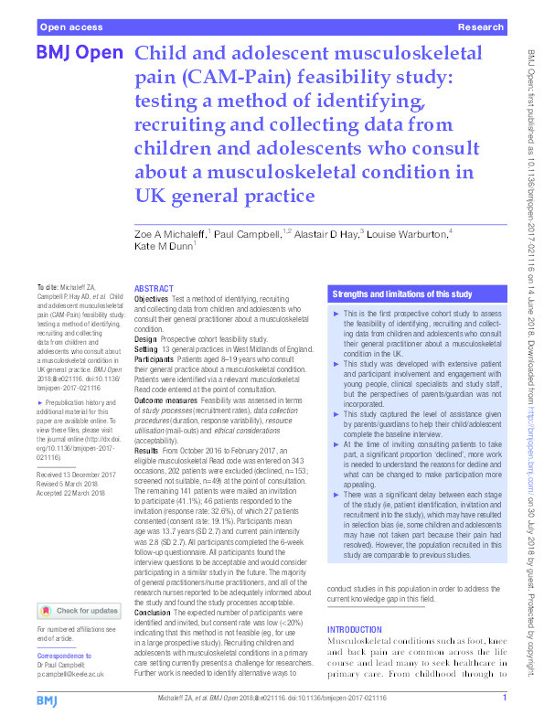 Child and adolescent musculoskeletal pain (CAM-Pain) feasibility study: testing a method of identifying, recruiting and collecting data from children and adolescents who consult about a musculoskeletal condition in UK general practice Thumbnail