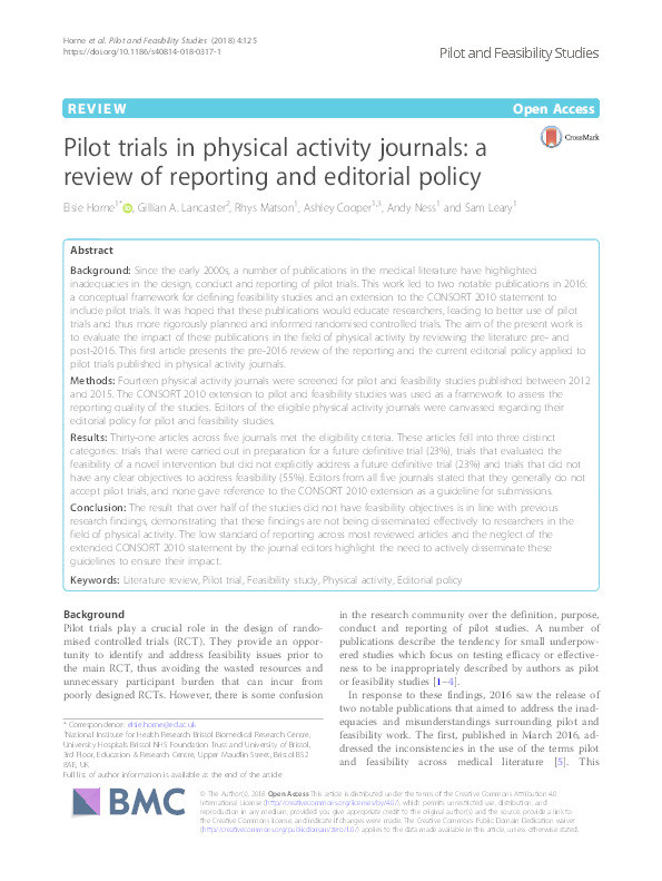Pilot trials in physical activity journals: a review of reporting and editorial policy Thumbnail