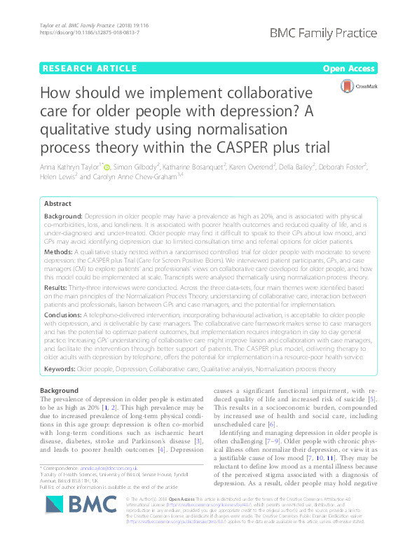 How should we implement collaborative care for older people with depression? A qualitative study using normalisation process theory within the CASPER plus trial Thumbnail