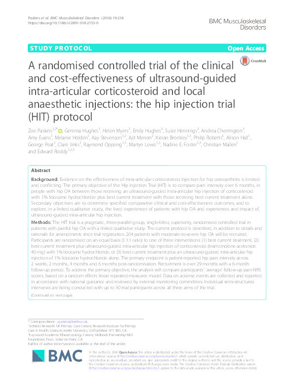 A randomised controlled trial of the clinical and cost-effectiveness of ultrasound-guided intra-articular corticosteroid and local anaesthetic injections: the hip injection trial (HIT) protocol Thumbnail