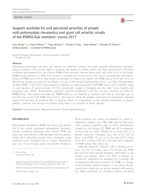 Support available for and perceived priorities of people with polymyalgia rheumatica and giant cell arteritis: results of the PMRGCAuk members’ survey 2017 Thumbnail