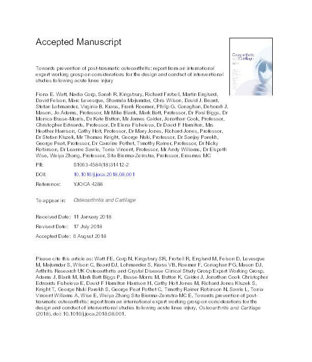 Towards prevention of post-traumatic osteoarthritis: report from an international expert working group on considerations for the design and conduct of interventional studies following acute knee injury Thumbnail
