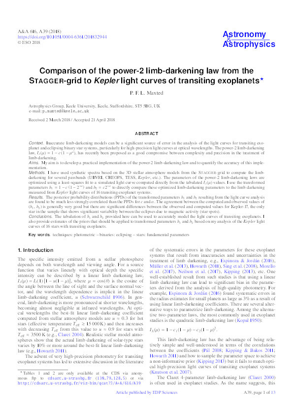 Comparison of the power-2 limb-darkening law from the Stagger-grid to Kepler light curves of transiting exoplanets Thumbnail