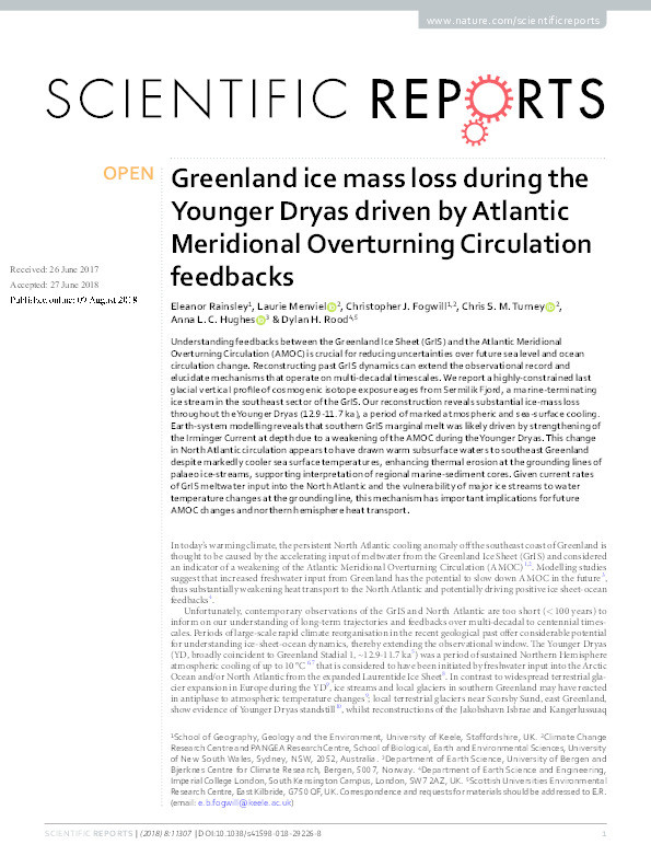 Greenland ice mass loss during the Younger Dryas driven by Atlantic Meridional Overturning Circulation feedbacks Thumbnail