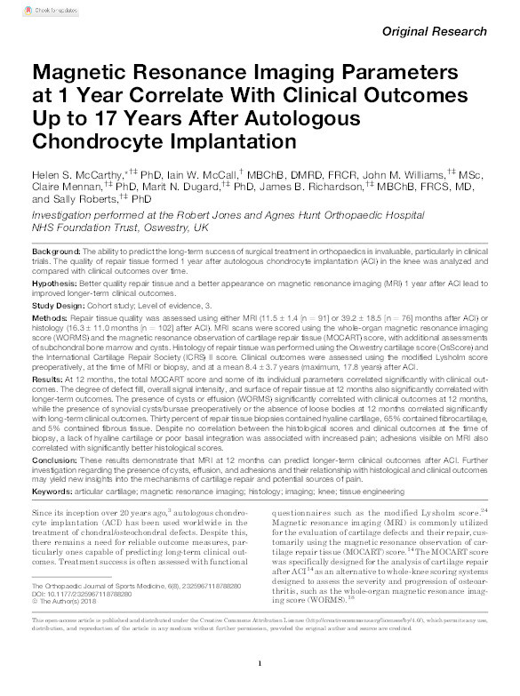 Magnetic Resonance Imaging Parameters at 1 Year Correlate With Clinical Outcomes Up to 17 Years After Autologous Chondrocyte Implantation Thumbnail