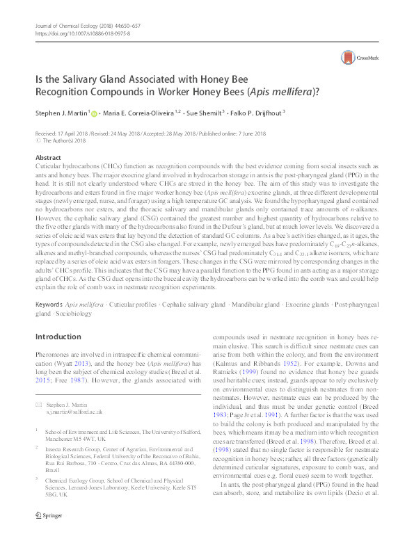 Is the Salivary Gland Associated with Honey Bee Recognition Compounds in Worker Honey Bees (Apis mellifera)? Thumbnail