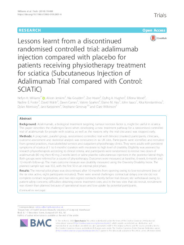 Lessons learnt from a discontinued randomised controlled trial: adalimumab injection compared with placebo for patients receiving physiotherapy treatment for sciatica (Subcutaneous Injection of Adalimumab Trial compared with Control: SCIATiC) Thumbnail