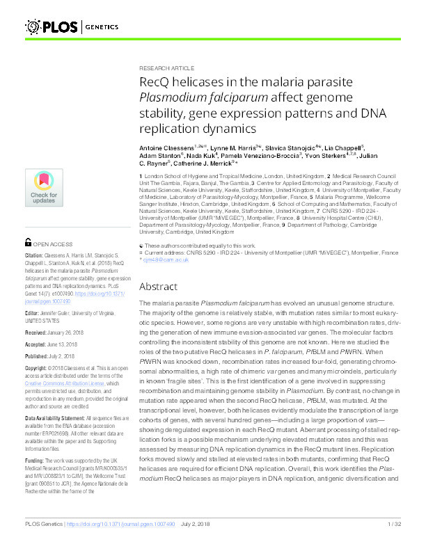 RecQ helicases in the malaria parasite Plasmodium falciparum affect genome stability, gene expression patterns and DNA replication dynamics Thumbnail
