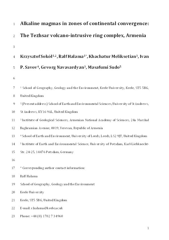Alkaline magmas in zones of continental convergence: The Tezhsar volcano-intrusive ring complex, Armenia Thumbnail