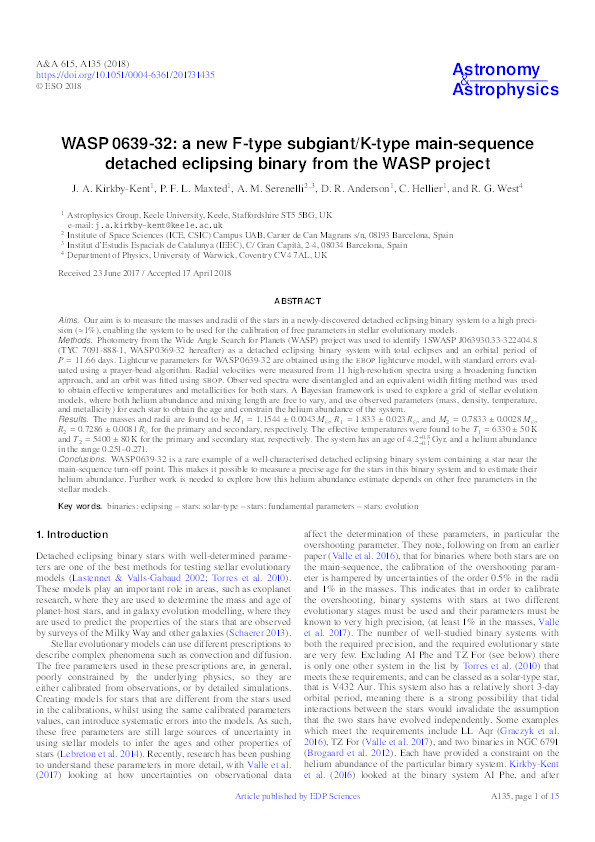 WASP 0639-32: a new F-type subgiant/K-type main-sequence detached eclipsing binary from the WASP project Thumbnail