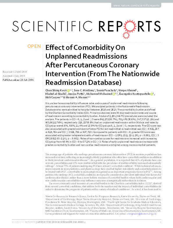 Effect of Comorbidity On Unplanned Readmissions After Percutaneous Coronary Intervention (From The Nationwide Readmission Database). Thumbnail