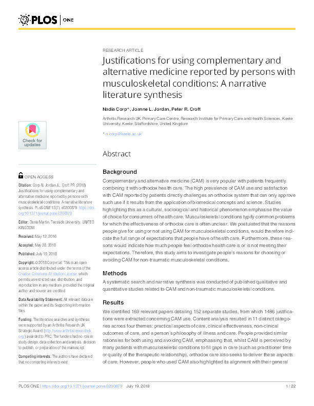 Justifications for using complementary and alternative medicine reported by persons with musculoskeletal conditions: A narrative literature synthesis Thumbnail