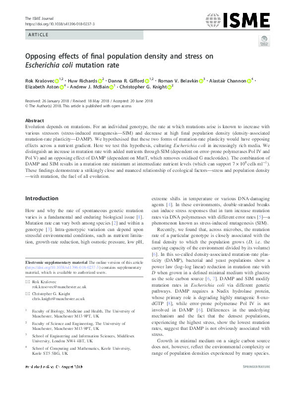 Opposing effects of final population density and stress on Escherichia coli mutation rate Thumbnail