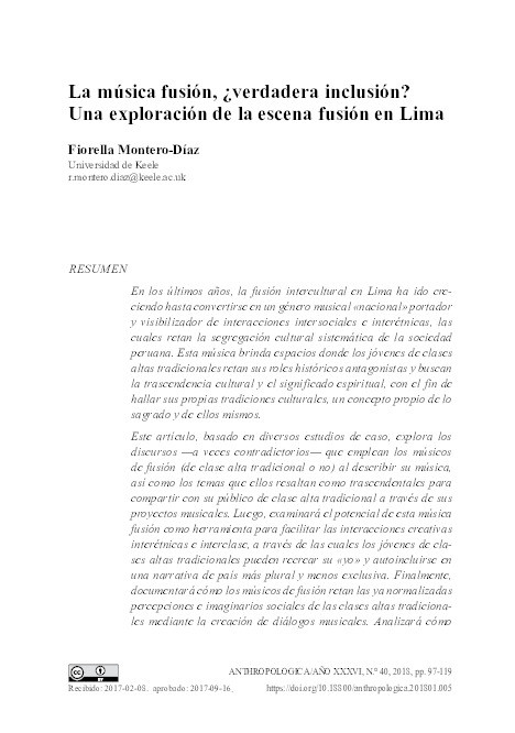 La música fusión, ¿verdadera inclusión? Una exploración de la escena fusión en Lima (Music fusion, true inclusion? An exploration of the fusion scene in Lima) Thumbnail