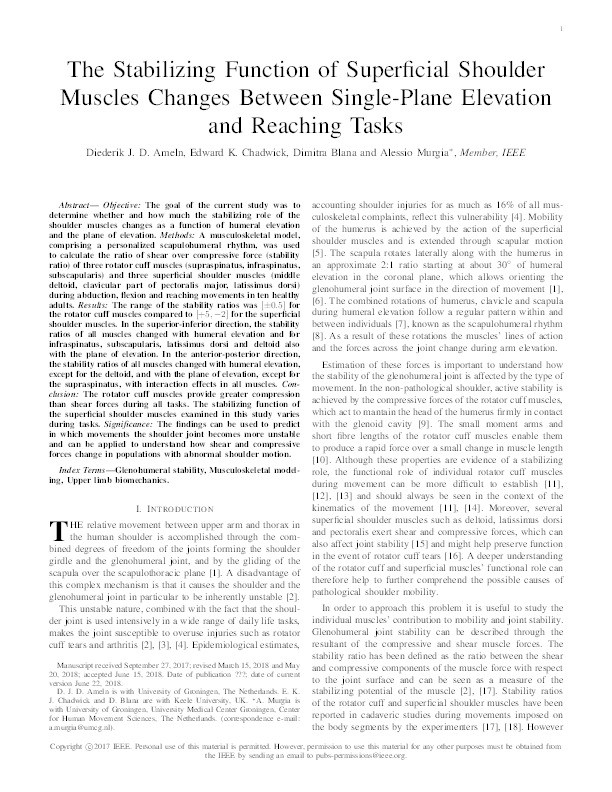 The Stabilizing Function of Superficial Shoulder Muscles Changes Between Single-Plane Elevation and Reaching Tasks Thumbnail