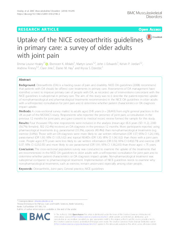 Uptake of the NICE osteoarthritis guidelines in primary care: a survey of older adults with joint pain Thumbnail