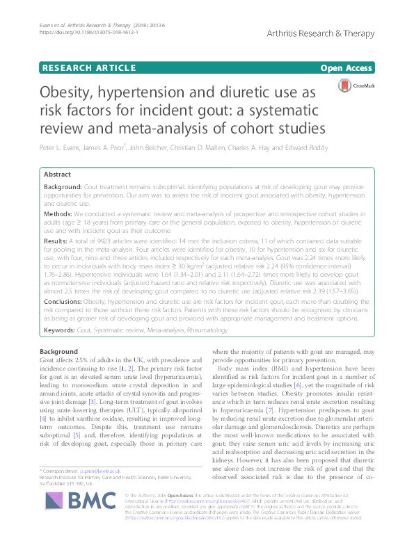Obesity, hypertension and diuretic use as risk factors for incident gout: a systematic review and meta-analysis of cohort studies Thumbnail