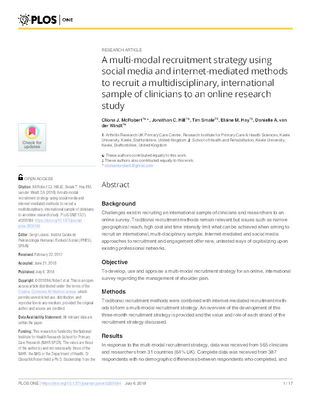 A multi-modal recruitment strategy using social media and internet-mediated methods to recruit a multidisciplinary, international sample of clinicians to an online research study. Thumbnail